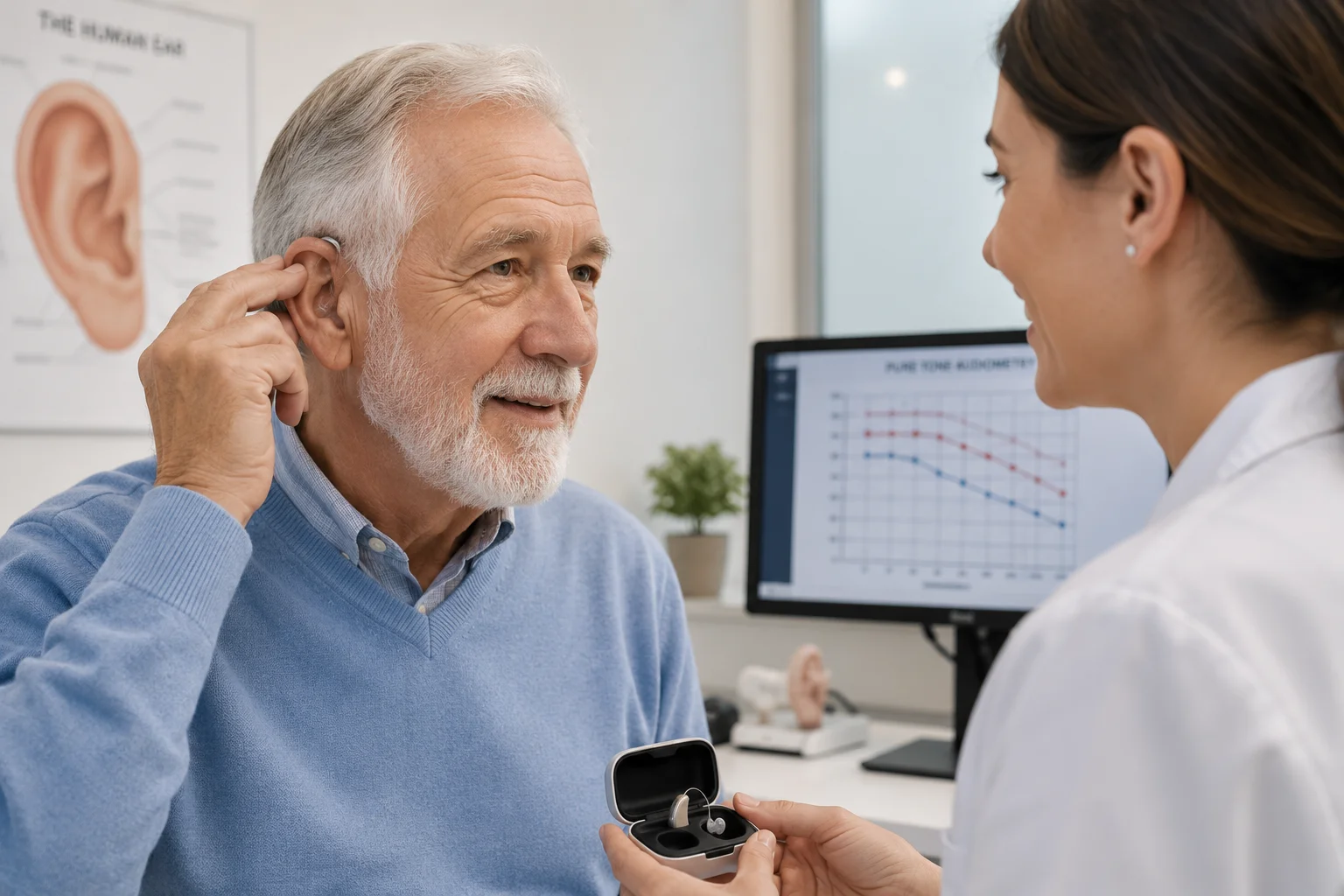 Senior patient trying on a hearing aid during a fitting appointment with an audiologist