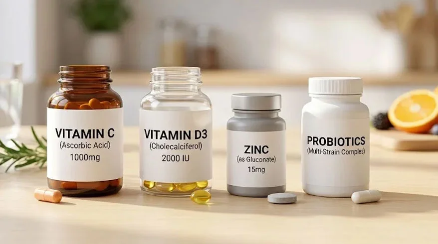 Assortment of vitamin C, vitamin D, zinc, and probiotic capsules arranged on a bright surface.