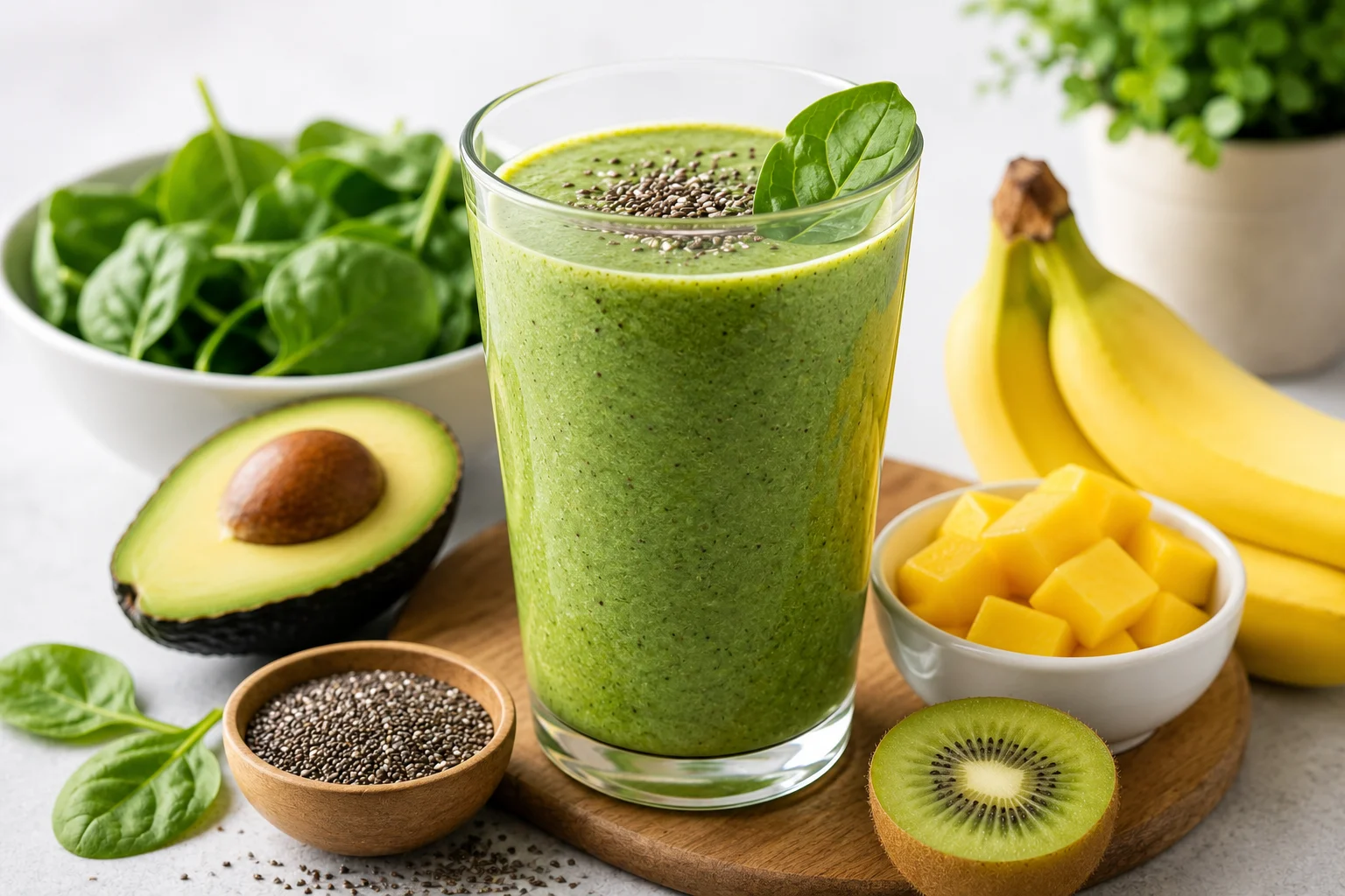 Fresh green weight loss smoothie surrounded by fruits and vegetables on a kitchen counter