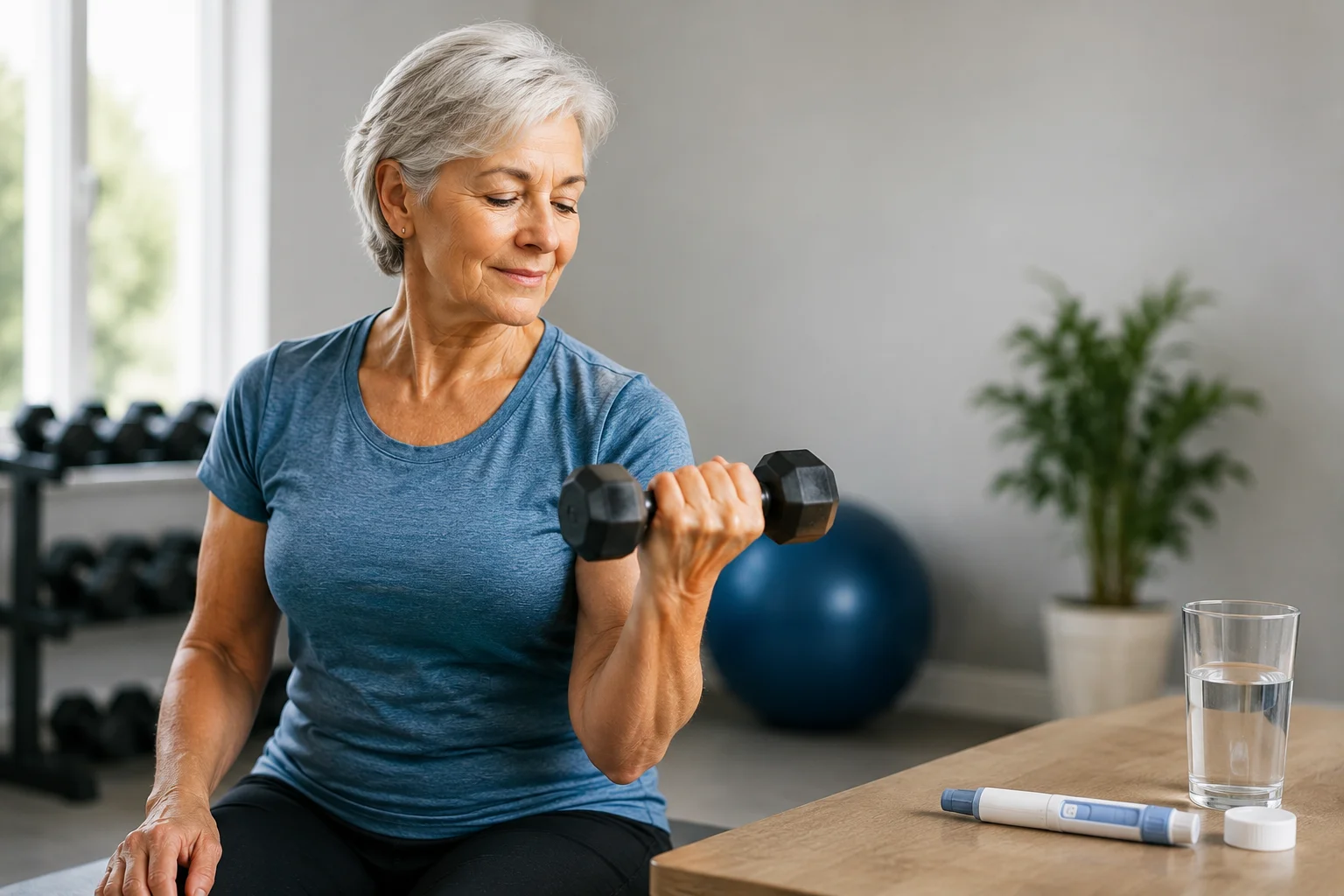 Older adult doing resistance training with dumbbells while using a GLP-1 weight loss medication
