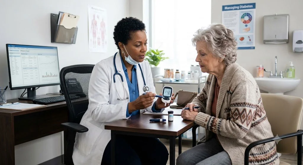 Doctor reviewing a blood glucose test result with a patient in a clinical setting