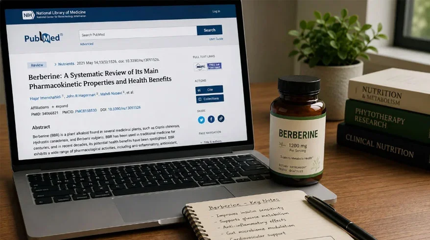Berberine capsules next to clinical dosage charts and scientific literature.