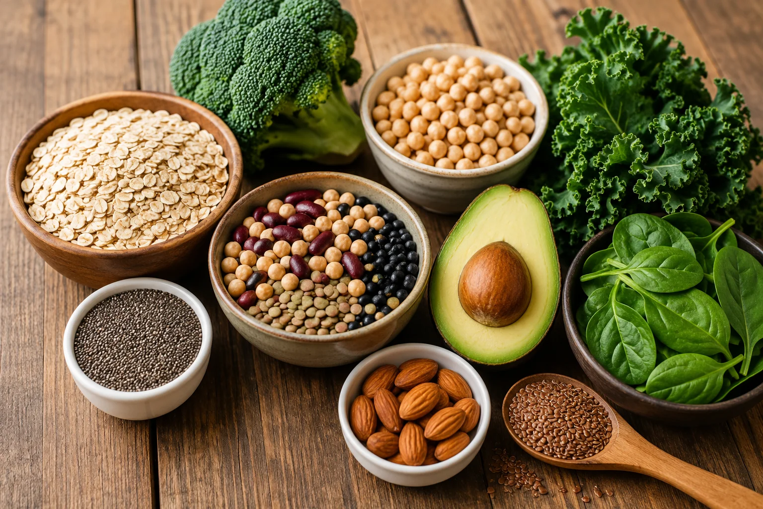Assortment of high-fiber whole foods including oats, legumes, chia seeds, and leafy vegetables on a wooden table